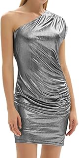 Women Shiny Glitter One Shoulder Night-Out Club Party Dress Silver M
