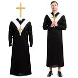 Ulikey Disfraz de Cura Adulto, Disfraz Sacerdote con Cuello Blanco para Hombre, Disfraz Negro de Sacerdote con Cruz, Disfraz de Monje Medieval Hombre para Iglesia, Fiesta Temática, Carnaval Cosplay