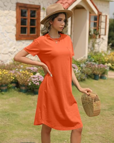Image of Dyexces Summer Dress for Women Crew Neck Short Sleeve Solid Basic T-Shirts Casual Midi Dresses with Pocket