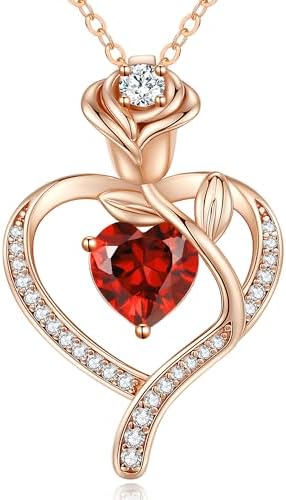 LOUISA SECRET Rose Flower Heart Birthstone Necklaces for Women, 925 Sterling Silver Fine Jewelry, Pendant Heart Necklaces Birthday Anniversary Christmas Gift for Women Wife Mom Girlfriend Lady