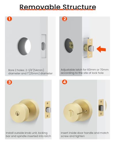 Image of Haidms Gold Door Knob with Key, Heavy-Duty Zinc Alloy Keyed Entry Door Knob Exterior, Brushed Gold Front Door Knobs with Lock, Keyed Alike, 1 Pack