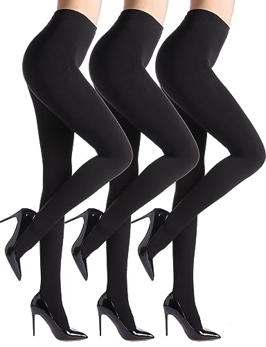 ZIHUA 3 Pairs Winter Fleece Lined Tights for Women, 120 Denier Warm Opaque Thermal Black Tights 140g Per Pair(L,Black)