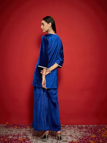 Image of Women Velvet Emb V-Neck Short Kurta With Palazzos