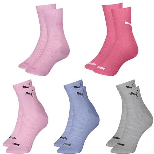 Kit 05 Pares de Meia Puma Cano Médio Algodão Colorida Feminina | 34-39 | 3 Rosa - 1 Azul - 1 Cinza