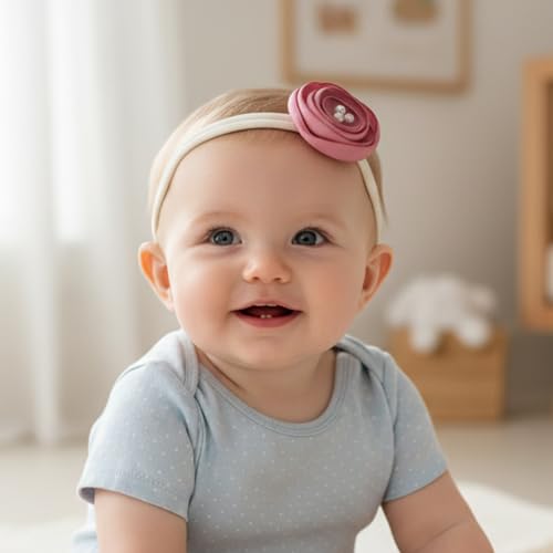 Image of SYGA 3 Pack Baby Girl Headbands - Soft Stretchable Nylon Flower Comfortable Elastic Hairbands for Newborns, Infants & Toddlers 0-3 Years (Off-White)