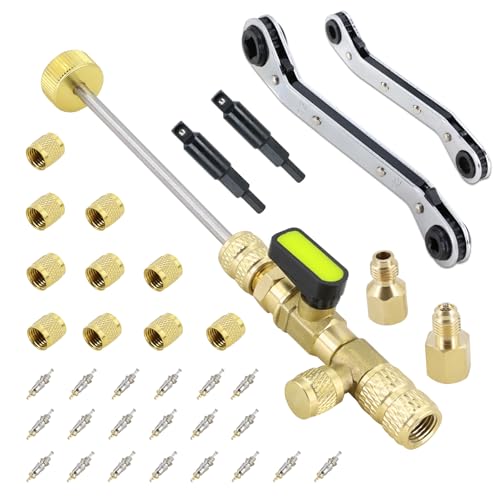 Image of Valve Core Remover Installer Tool and Service Wrench Set with Dual Size SAE 1 /4 & 5 /16 Port Brass Adapter Compatible with R22 R12 R407 R410 R404 R32 R600 home refrigeration equipment
