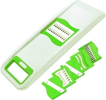 6 in 1 Premium Vegetable/Fruit/Chips Chopper Cutter Grater Slicer Scraper Crusher with 6 Interchangeable Extra Sharp Stainless Steel Blades No Electricity Needed ABS Plastic Body Random Color