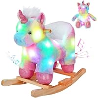 Glow Guards Light up Music Dinosaur Rocking Horse Stuffed Animal Set of 2 with Glowing Singing Dinosaur Plush Toy Wooden Chair Seat Ride on Toys Gift for Ages 1-3 Toddlers Kids Baby (Dinosaur)