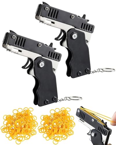 JUKOTA gummi Pistole,2 pcs Mini-Gummibandpistole aus Metall,klappbar,mit Schlüsselanhänger und 120 Gummibändern, Metal Folding Schlüsselbund für Outdoor-Aktivitäten für Kinder