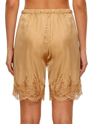 iiniim Women Lace Trim Petticoats Satin Elastic Waist Satiny Pettipants Half-slip Floral Lace Undershorts Gold Small