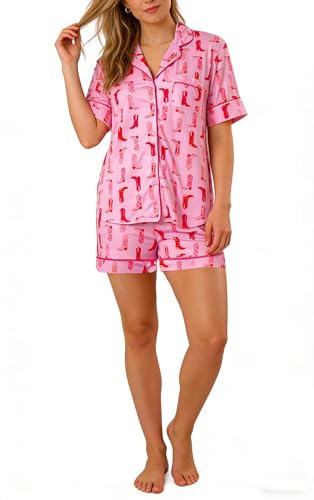Image of Yiulangde Valentine Pink Rodeo Silk Pjs Y2k Cowgirl Boots Western Pajamas Satin Short Set for Women 2 Piece Cowboy Shorts Lounge Sets