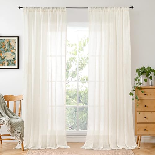 Image of BGment Ivory Linen Curtains 84 Inches Long 2 Panels Set for Living Room | Semi Sheer Light Filtering Drapes with Rod Pocket Textured Lightweight Window Treatments for Dining Bedroom, 52 X 84 Inch