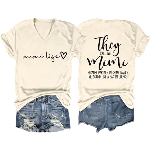 Grandma Shirts for Women They Call Me Mimi Funny Mothers Day T-Shirt Mimi Life Tee Short Sleeve V Neck Casual Tops Beige