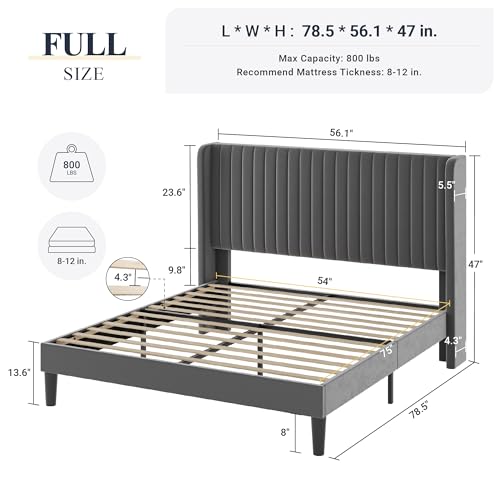 Allewie Full Size Velvet Bed Frame/Vertical Channel Tufted Wingback Headboard/Upholstered Platform Bed/Strong Wooden Slats/No Box Spring Needed/Easy Assembly/Grey