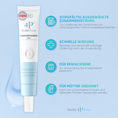 Health Press Hämorrhoiden Salbe – 50 ml Hämorrhoiden Gel – gegen Reizungen, Juckreiz, Brennen & Wundsein – Hämorrhoidencreme – Medizinprodukt zur Linderung von Hämorrhoidalbeschwerden