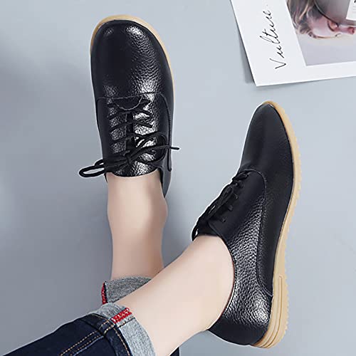 Odema Sapatos Oxford femininos casuais de bico redondo para trabalho com cadarço, Preto, 9.5