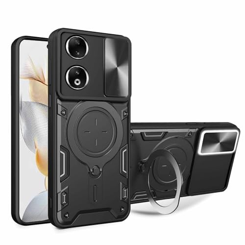 Cover per Huawei Honor 90 5G con Porta Anelli Invisibile Custodia con Copertura della Fotocamera Scorrevole PC e Silicone TPU Case Nero