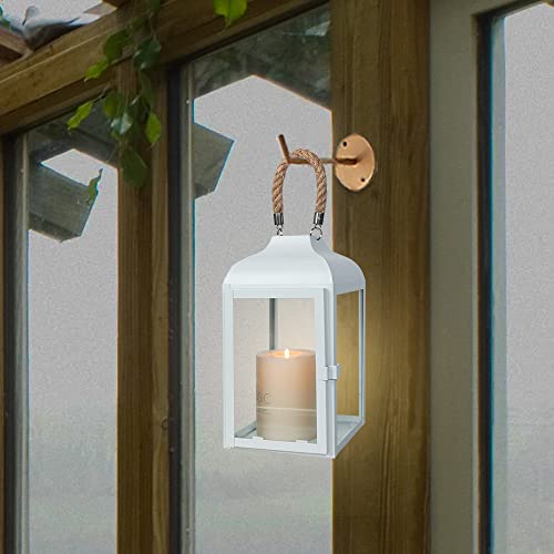 Needomo Candle Lantern Decorative, 10" White Hanging Lanterns With Tempered Clear Glass Outdoor Decor For Patio, Front Porch, Farmhouse, Wedding, Shelf #TOP2