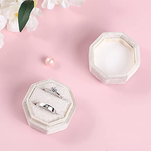 Etercycle Velvet Ring Box, Octagon Gorgeous Vintage Double Jewelry Ring Gift Box With Detachable Lid For Proposal Engagement Wedding Ceremony (Beige) #TOP4