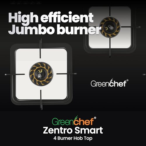 Image of Greenchef Zentro Smart Four burner Glass Hob Top| Digital timer| Featured with Flame failure| Black Color| High efficiency tornado Burners| Dual Purpose hob(Built In Or Counter top)