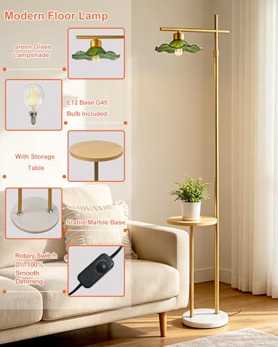 Image of Lightdot Modern Glass Floor Lamp with Table, Gold Standing Lamp with Green Lotus Leaf Glass Shade, Dimmable LED Floor Lamp with Marble Base for Living Room Bedroom Home Decor, Bulb Included