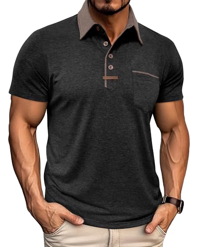 Image of PRIVIMIX Men's Polo Shirts Short Sleeve with Pocket & Contrast Collar - Soft Casual T-Shirt for Work & Golf, Black, L