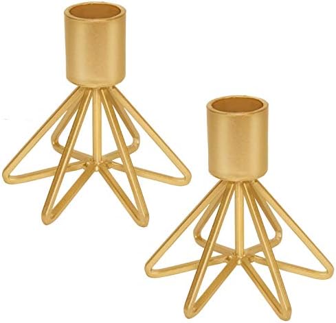 Geometric Wire Taper Candle Holders Candlestick Holder Set of 2, Decorative Candlestick Holder for Wedding, Dinning, Party, Fits 3/4 inch Thick Candle&Led Candles (Metal Candle Stand, Gold)