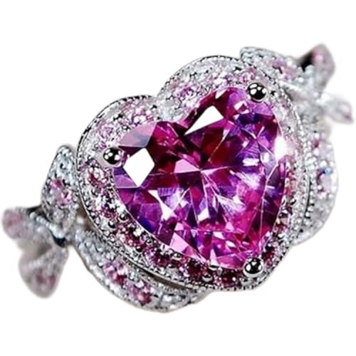 925 Sterling Silver Heart Crystal Ring for Women, Fashion Cubic Zirconia Heart Birthstone Ring, CZ Diamond Bridal Halo Engagement Wedding Pink Crystal Jewelry Gift Jewelry-Making-Patterns 10