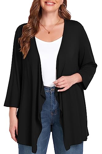 Tianzhu Cardigan For Women Lightweight 3/4 Sleeve Summer Casual Plus Size Sheer Cardigan Open Front Draped Elbow Sleeve Evening Top 4Xl Black #TOP16