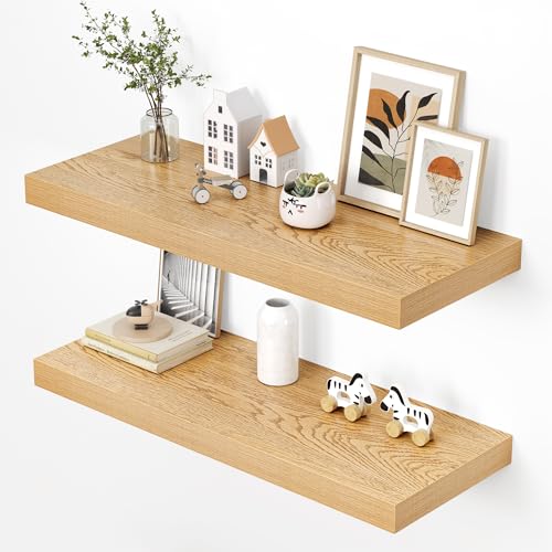 Image of Dreamland 36 inch Floating Shelves for Wall, 12 inch Deep Thicker Oak Floating Shelves, Wall-Mounted Shelves for Bedroom, Living Room, Kitchen, Bathroom - Set of 2