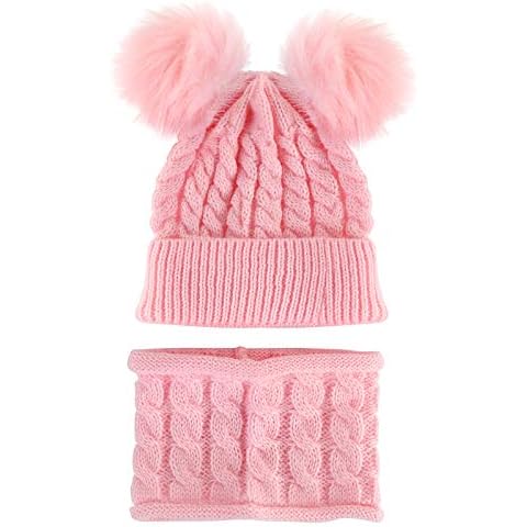 Borlai 2pcs/Set Baby Winter Knitted Hat Scarf Set Pom Pom Hat and Neckerchief Warm Winter Crochet Hat Set 1-6 Years Pink Cover