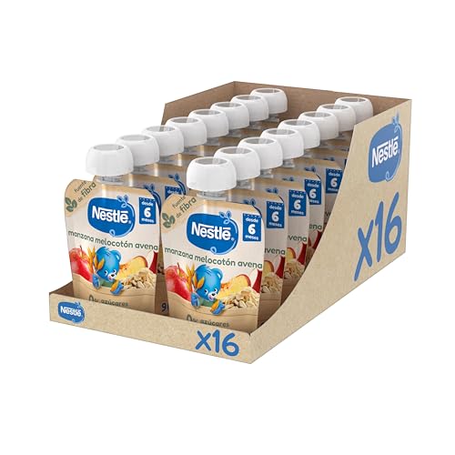 NESTLÉ Puré Manzana Melocotón y Avena, para bebés a partir de 6 meses, 16 bolsitas de 90g