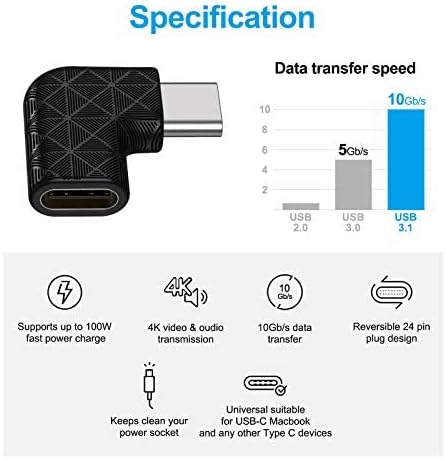 USB C Right Angle Adapter,90 Degree USB C to USB Type-C Male to Female Adapter (3 Pack). Support USB-C 3.1 PD 100W Quick Charge 480Mb/s Data Transfer,for Laptop & Tablet & Mobile Phone -Black
