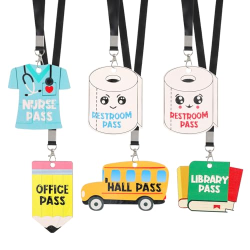 6 Sets Back to School Hall Pass Lanyards Classroom Hall Passes for Teacher Cute Unbreakable Wooden Bathroom Passes for Bathroom Office Library Nurse Classroom Supplies