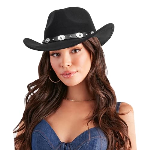 Klassischer Western-Cowboyhut für Damen und Herren, aufrollbar, breite Krempe, Filz, Fedora-Hüte, Cowgirl-Hut mit Gürtelschnalle (M-L), Schwarz, Medium