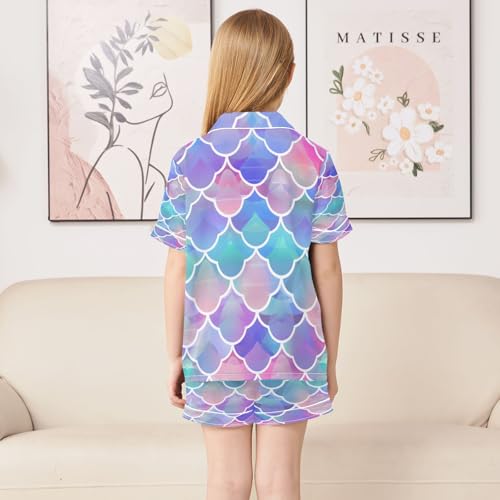 ALAZA Beautiful Mermaid Fish Scale Satin Pajamas Set Short Sleeve Button Down Sleepwear Summer Pjs 2 Piece4