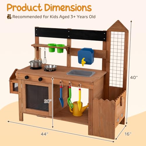 HONEY JOY Mud Kitchen, Fir Wood Pretend Play Kitchen for Toddlers, Plant Box & Trellis, Real Faucet & Running Water, Critter Observation Box, Accessories, Outdoor Mud Table for Garden Fun(Brown) - Image 9