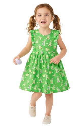 Toddler Girls Easter Bunny Dress Green Cotton Spring Dress Cute Rabbit Print Easter Egg Hunt Twirl Dress Casual Dress for Girls 2-7 Years