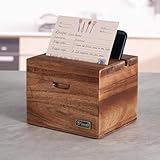 SANOSY Acacia Wood Recipe Box with Phone Holder & Built-In Recipe Slot - Organizer Set with 100 4x6 Cards, Double Compartment, No Assembly Required - Gift for Cooking Lovers