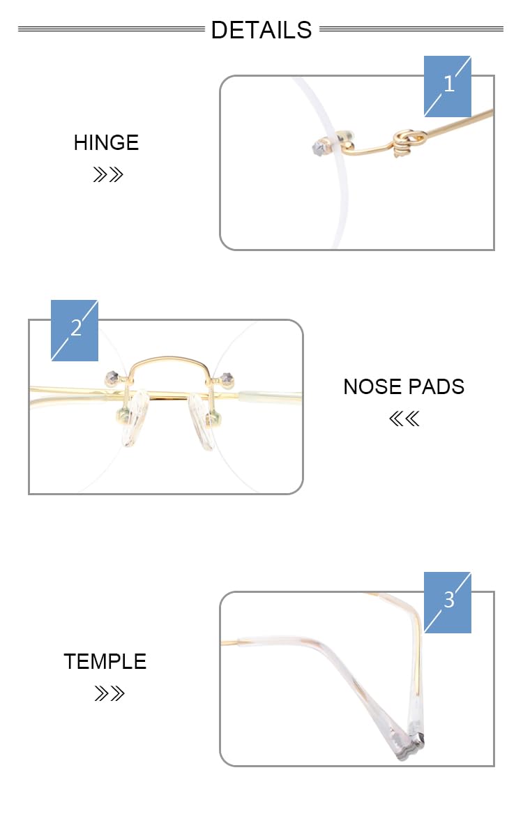 HELES Lunettes de lecture sans monture pour femme - Monture légère en titane - Verres en polycarbonate avec filtre de lumière bleue