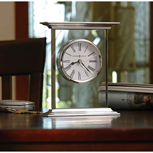 Howard Miller Clifton Table Clock 645-641 – Glass/Metal Carriage Block, 0.375 Inch Thick Beveled Glass Panel, Brushed Aluminum Top, Polished Edges, Quartz Movement #TOP4
