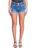 YMI Womens Junior Wannabettabutt 3-Button Mid-Rise Cuffed Hem Lightly Distressed Stretchy Denim Jean Shorts, Medium Blue Rips, 3