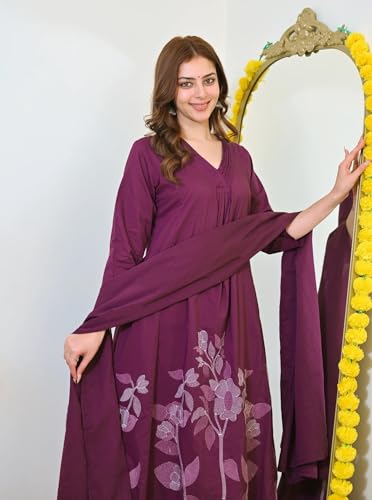 Image of Nermosa Women Solid A-line Kurta and Pant set With Dupatta | Women Kurta Set | Solid Suit | Embroidery Kurta Set |