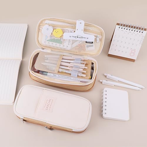 Image of iSuperb Large Capacity Zipper Pencil Case Pen Pouch Bag Office Student Canvas Stationery Bag Case (Khaki)
