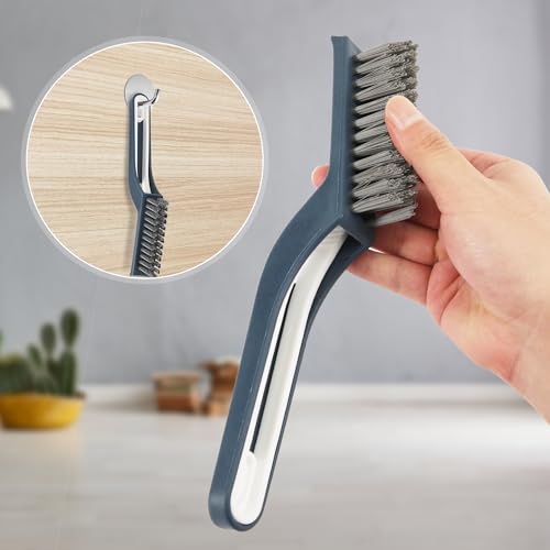 Image of PEUTIER 2pcs Hard Bristle Crevice Cleaning Brushes and 2pcs Hooks, Multifunctional Gap Cleaning Brush Grout Cleaner Scrub Brush for Household Use Shower Tile Kitchens Bathrooms Window Toilet (Blue)