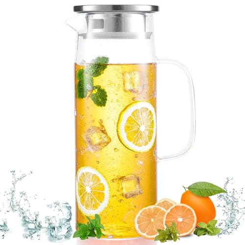 Glaskaraffe mit Deckel, 1,5 Liter Wasserkaraffe aus Borosilikatglas, Hitzebeständig Glas Karaffe mit Edelstahl Deckel, Glaskanne für DIY Getränke, Saft, Tee, Milch Glaskaraffe mit Deckel, 1,5 Liter Wasserkaraffe aus Borosilikatglas, Hitzebeständig Glas Karaffe mit Edelstahl Deckel, Glaskanne für DIY Getränke, Saft, Tee, Milch