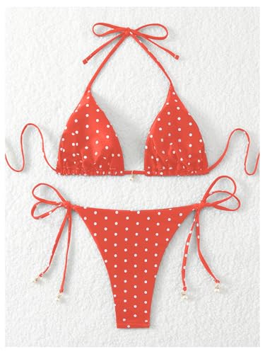 Image of SOLY HUX Women's Polka Dots Print Bathing Suit Halter Triangle Tie Side Bikini Sets Two Piece Swimsuit