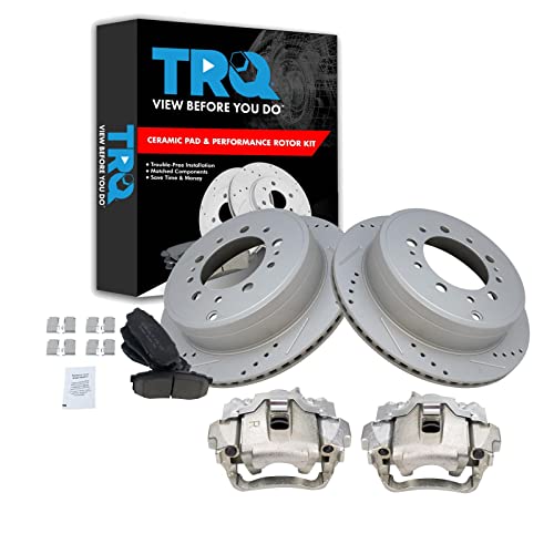 Image of TRQ Performance Rear Brake Pad and Rotor Set Ceramic Vented G Coated Rotors Calipers Compatible with 2008-2015 Lexus LX570 2008-2015 Toyota Land Cruiser