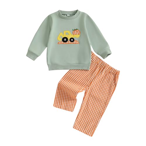 Mobbdow Toddler Baby Boy Halloween Outfit Pumpkin Excavator/Tractor Embroidery Long Sleeve Sweatshirt and Plaid Pants Set (B-Light Green 3-4T)