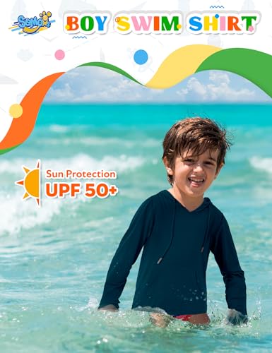 Image of Boys UPF 50+ Rash Guard Long Sleeve Hoodie Swim Shirts Toddler Kids Sun Protection SPF Fishing Water Beach Surfing Shirts with Pocket Haze Blue 4t